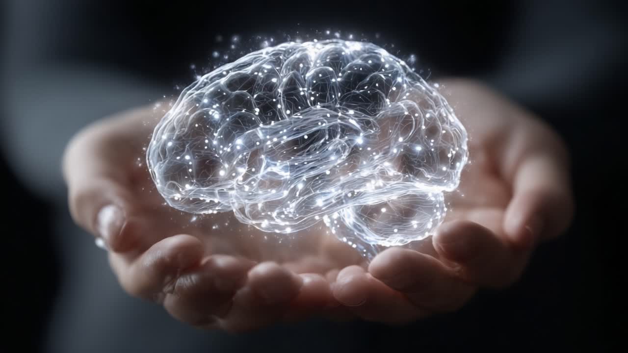 La luce della conoscenza: un cervello illuminato tenuto tra le mani, simbolo di intelligenza, pensiero e potenziale umano in un concept futuristico