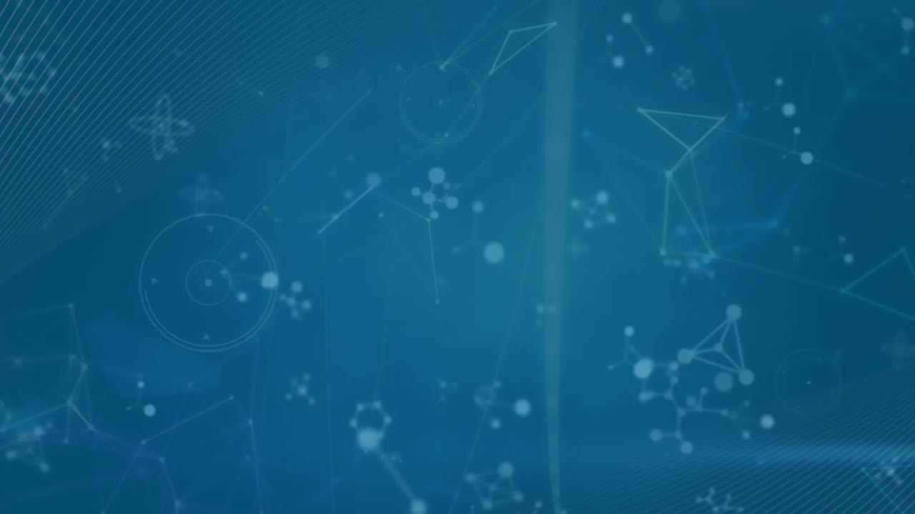 Animation of molecular structures, network of connections and digital waves against blue background