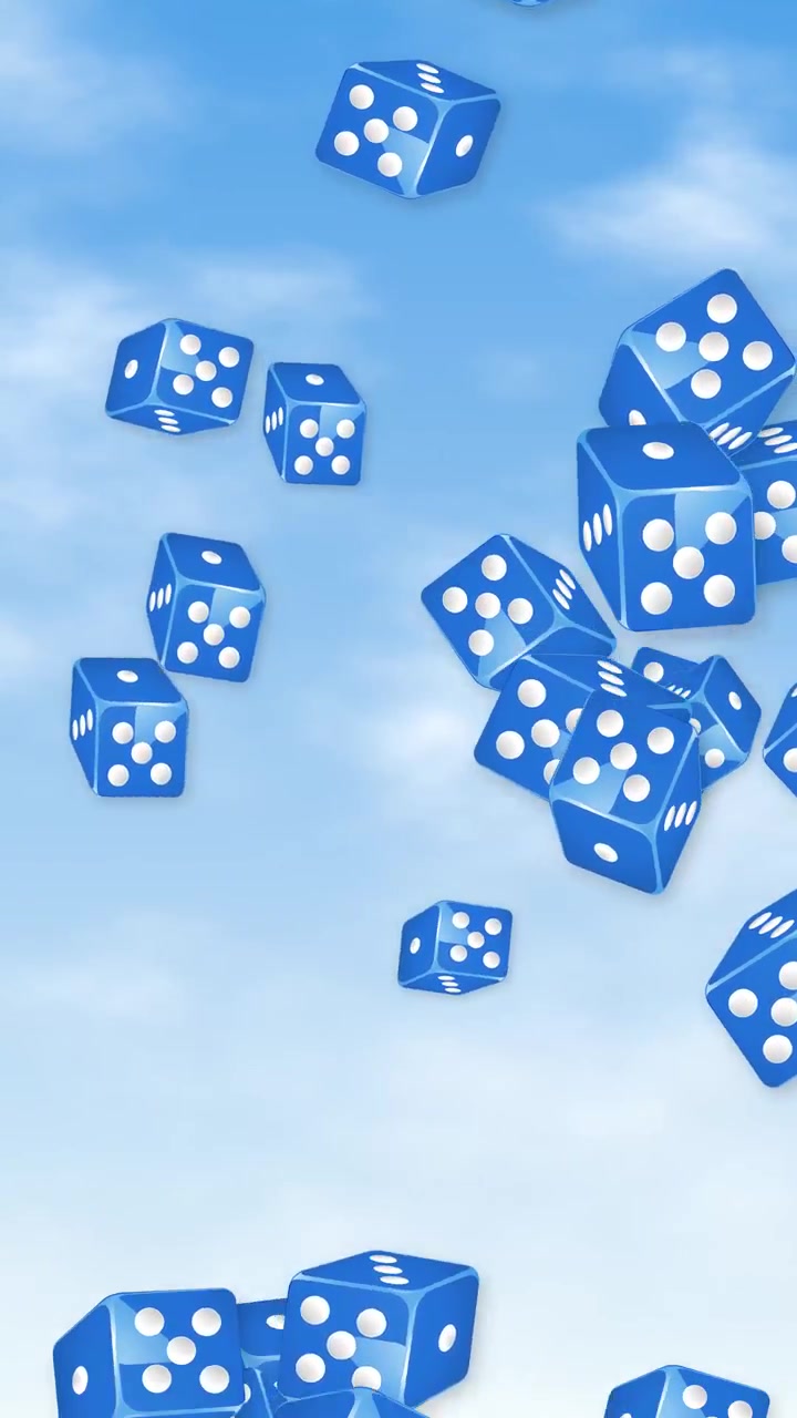Dadi da gioco blu cadono e ruotano contro un cielo azzurro brillante con nuvole bianche e soffici