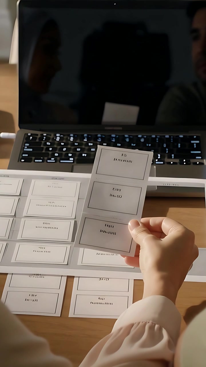 Vertical video: Picking up woman wearing hijab moving three cards on table for planning near laptop