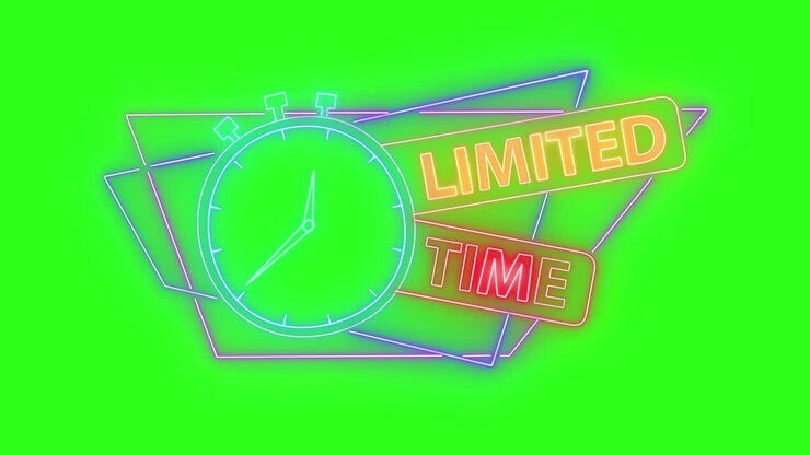 Glowing neon sign with ticking stopwatch and limited time text over green screen background