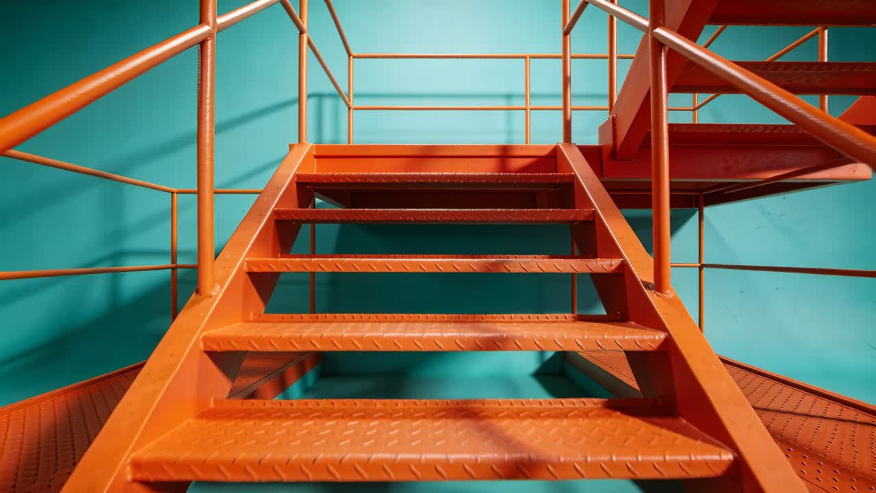 Camera dollying forward, tilting up, orange metal stairs nearing, showing tread detail to inspect