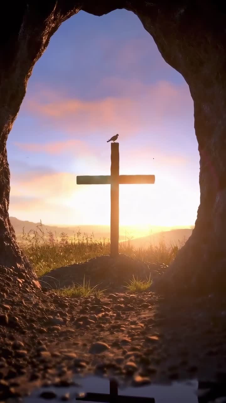 Cross Silhouette at Sunrise from Cave Entrance with Flying Birds