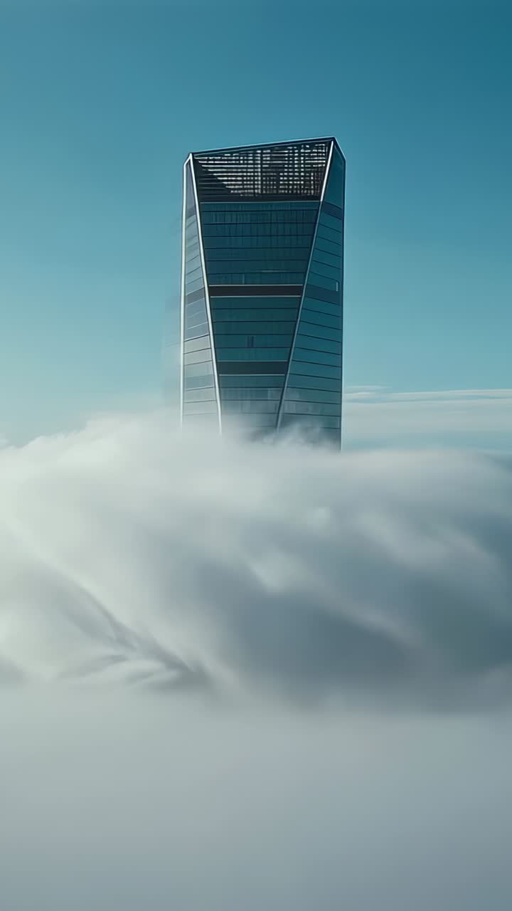 Vertical video: Shifting fog revealing glass tower from drone, exposing open top and V-shaped lines