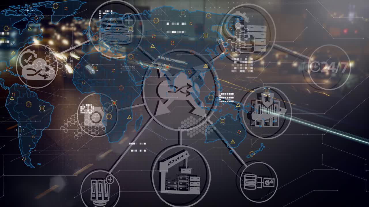 밤에는 도시 위의 세계 지도와 아이콘의 애니메이션.