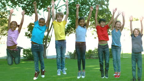 Cute-pupils-jumping-on-the-grass-outside