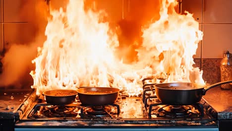 a stove with pots and pans on it on fire in a kitchen