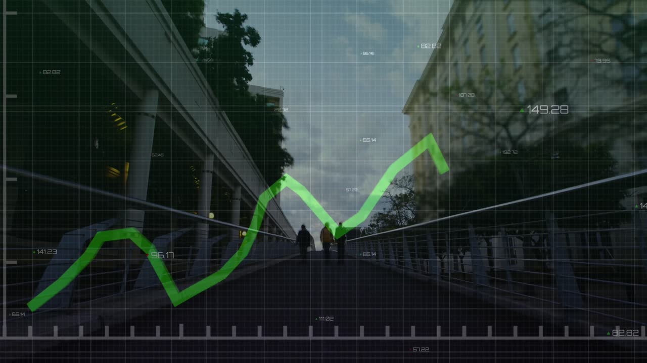 animación de gráficos financieros y datos sobre el paisaje urbano