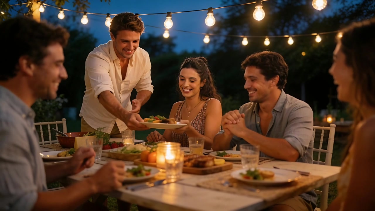 Uomo in piedi che serve e presenta un piatto, donna che si allunga, commensali che applaudono sulla terrazza per condividere il pasto