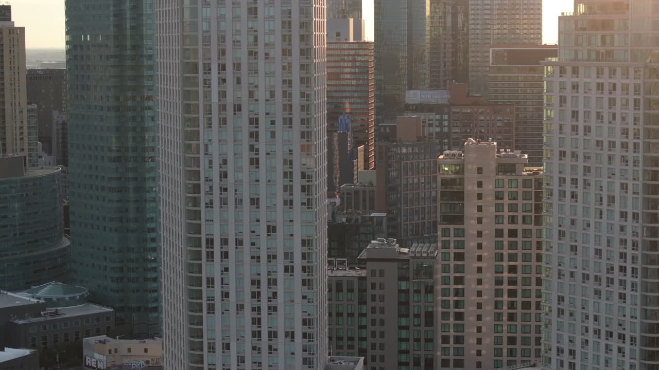 Aerial view of skyscrapers in Long Island City, Queens. Shot on a summer morning in New York City