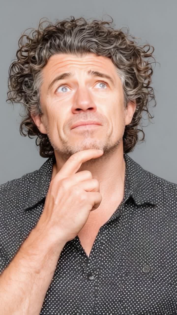 Un uomo contemplativo con i capelli ricci mostra espressioni pensierose in uno studio, catturando l'essenza della riflessione e dell'introspezione