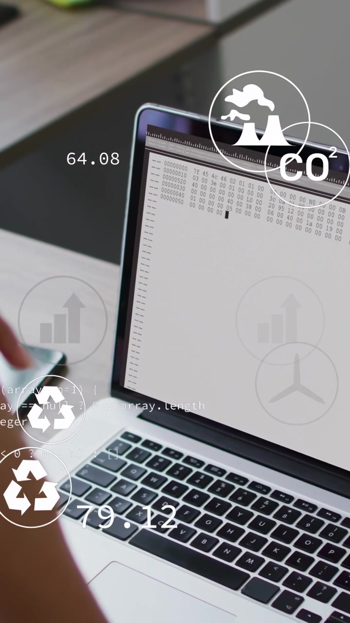 Woman tapping phone and tracking laptop data, activating climate analytics with floating CO2 charts