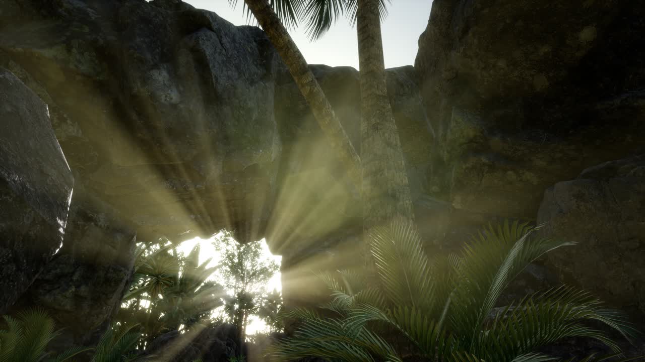grandes palmeras en la cueva de piedra con rayos de luz solar
