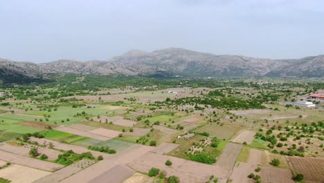 Antena-De-Campos-Verdes-Agrícolas-De-Meseta-Con-Montañas-En-El-Fondo,-Creta,-Grecia