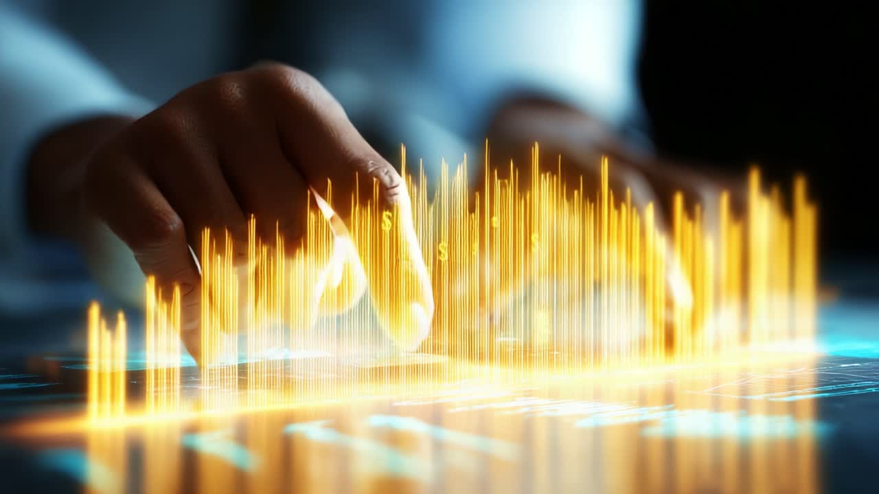Capturing Financial Data: Hands Interacting with Digital Graphs and Currency Symbols in a Futuristic Financial Analysis Environment