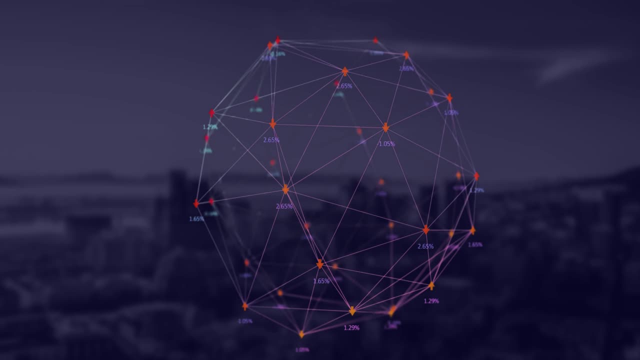 Globe of arrow spinning against cityscape