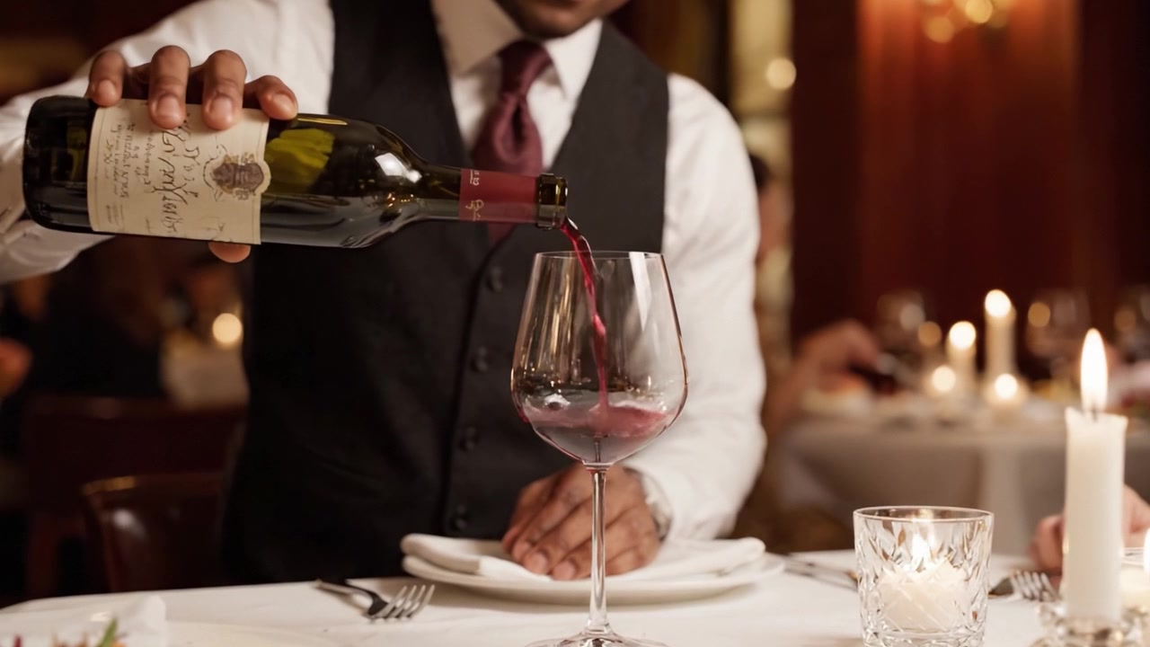 Servizio del vino elegante: l'arte di versare vino pregiato in un'elegante ambientazione da ristorante, che evidenzia l'attenzione ai dettagli e l'eccellenza dell'esperienza culinaria.