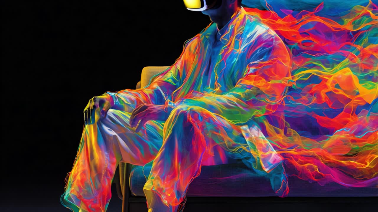 A vivid portrayal of a figure seated on a couch, enveloped in colorful, flowing light waves, while wearing a futuristic helmet, evoking themes of technology and creativity