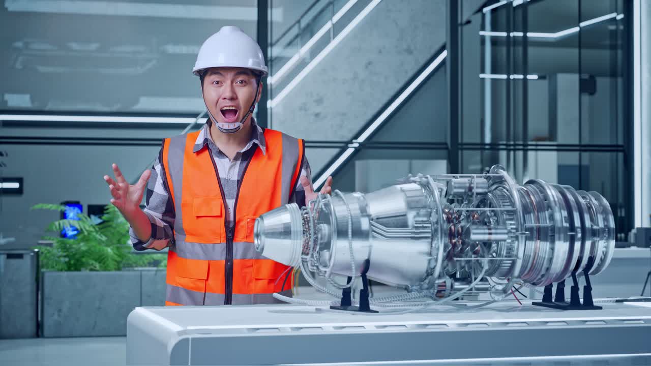 инженер, исследующий футуристический реактивный двигатель.