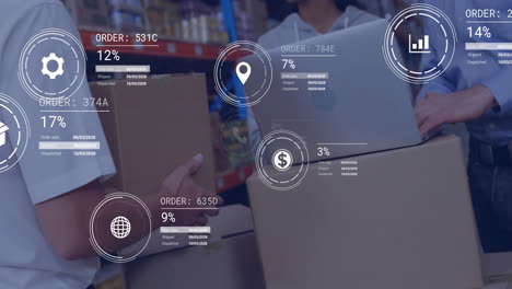 animation of icons and data processing over diverse people working in office