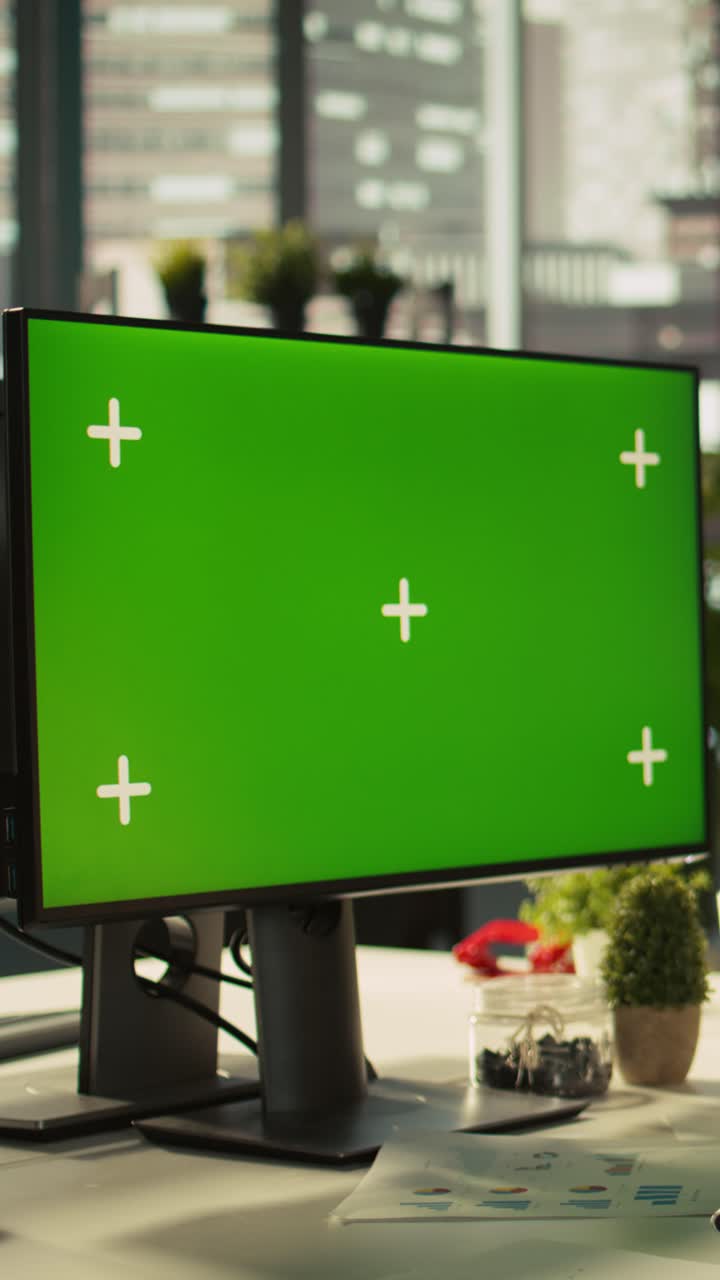 Vertical video Green screen PC used by employee preparing for business meeting