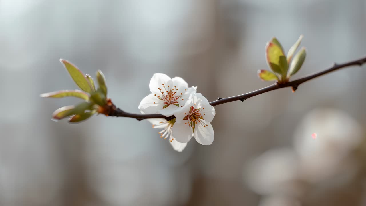 Swaying flowering twig with white blooms reacting to breeze and focus shifts in orchard, bokeh