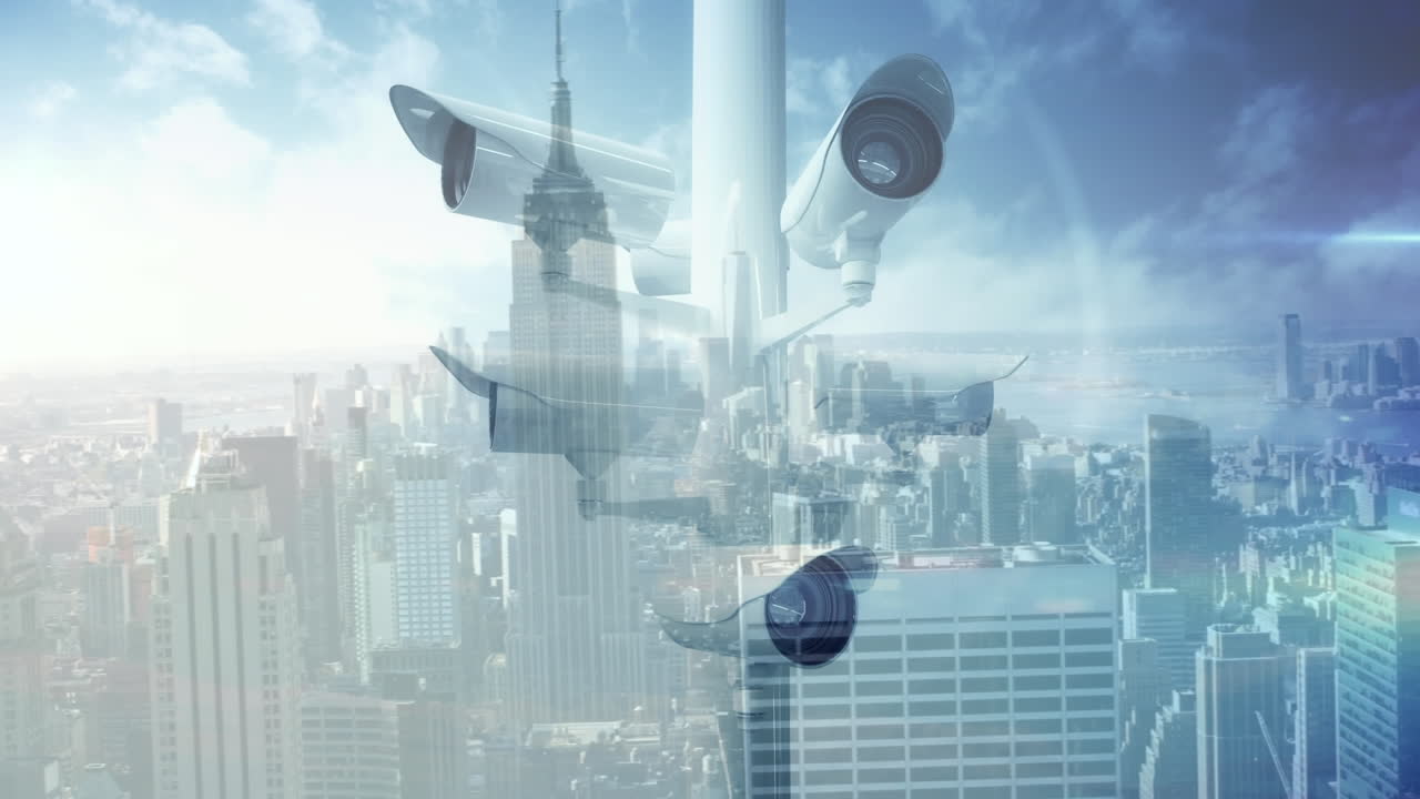 Animazione di telecamere a circuito chiuso e elaborazione dati sulla città.