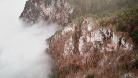 aerial footage with a drone over hohe wand in lower austria with much density of fog