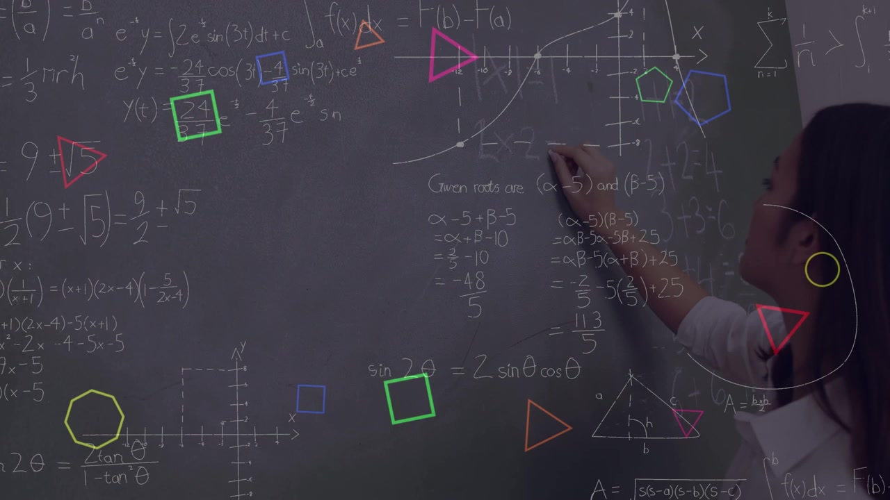 Animazione di formule matematiche su donne caucasiche che scrivono alla lavagna