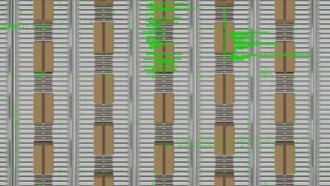 data processing against overhead view of multiple delivery boxes on conveyor belt