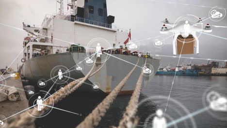 animación de iconos conectados, dron que lleva una caja de cartón, barco anclado en el astillero