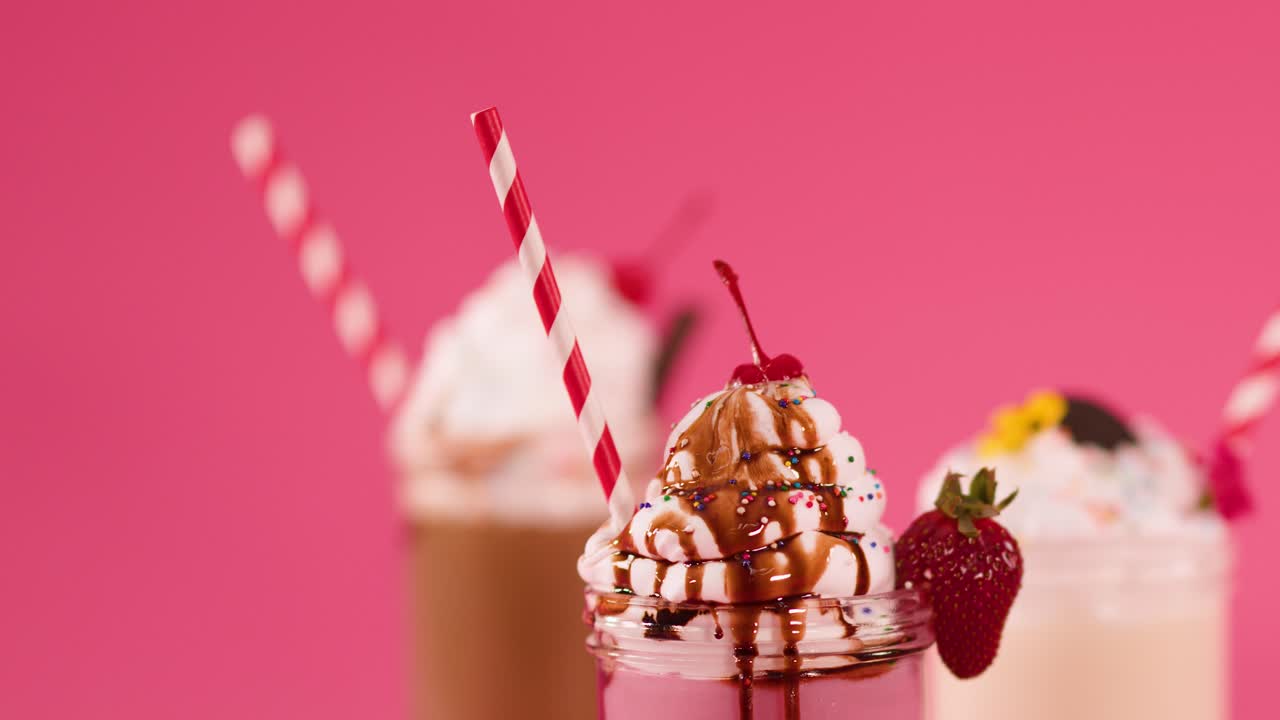 Hand lifts cherry off whipped cream-topped strawberry milkshake, chocolate drizzle, pink background, bright lighting