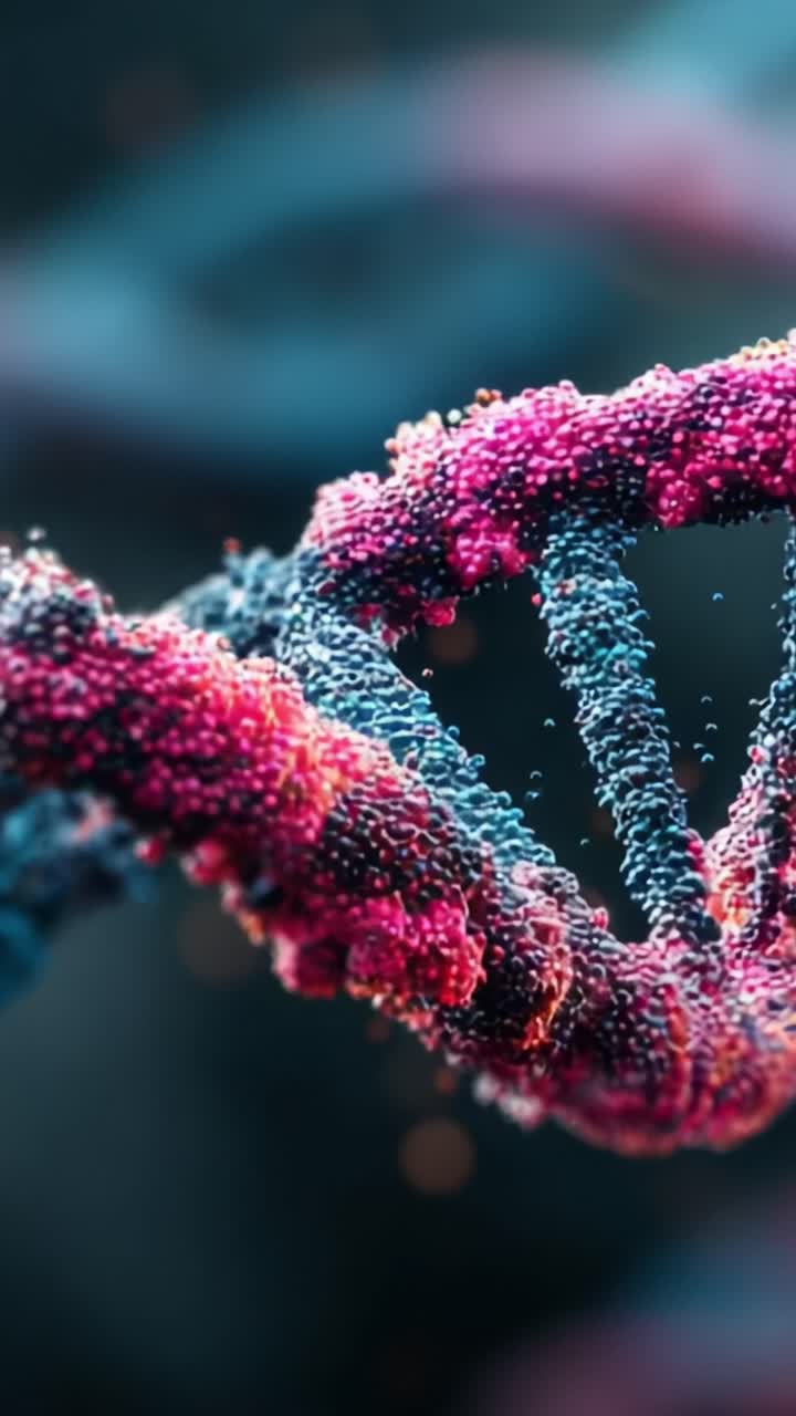 Primo piano vivace della struttura dell'elica del DNA che mostra modelli colorati di nucleotidi e dettagli molecolari in una visualizzazione scientifica ad alta risoluzione