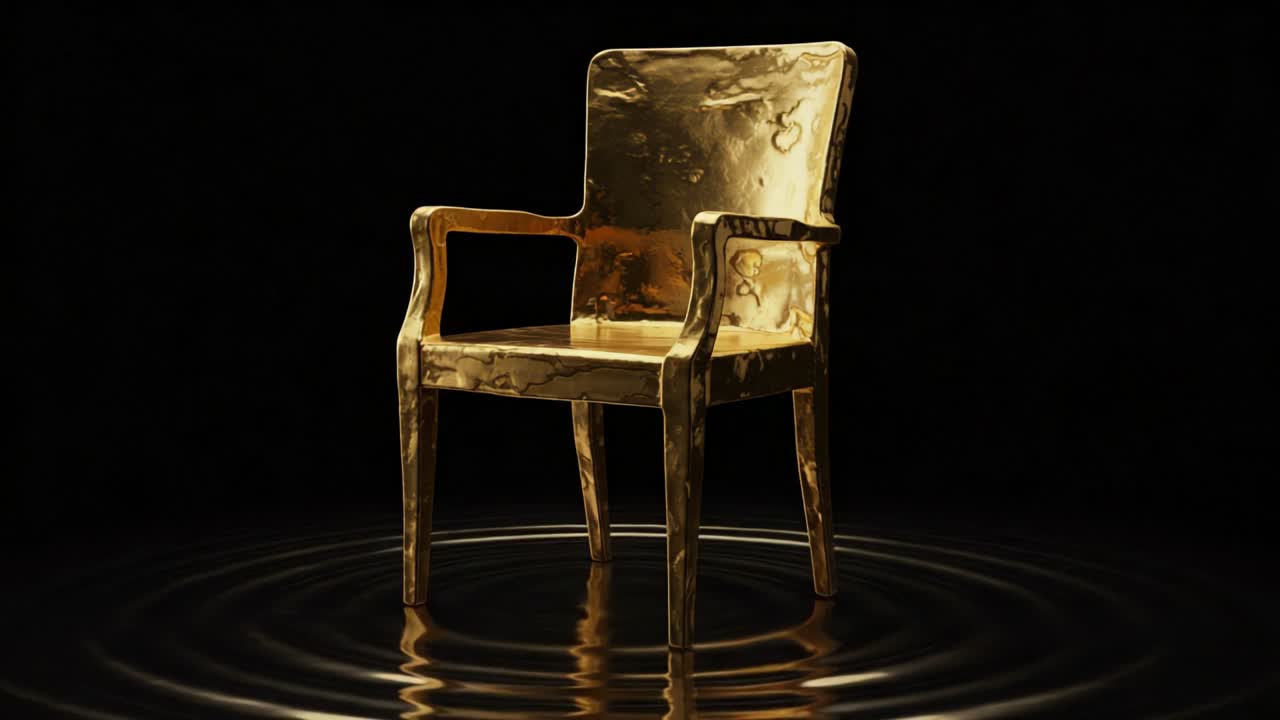 A Golden Chair Surrounded by Rippling Water in a Minimalistic Black Setting, Highlighting the Elegant Design and Luxurious Finish of this Striking Piece of Furniture