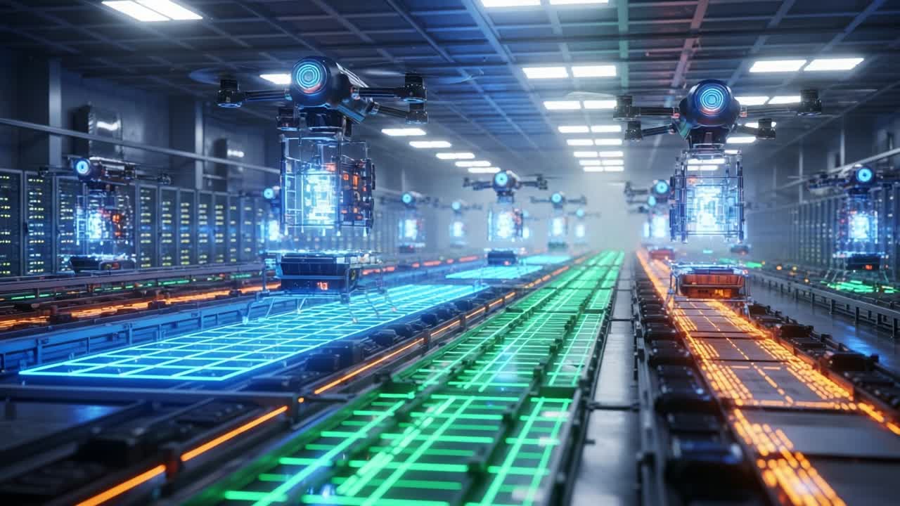 A Futuristic Warehouse Automated Assembly Line Featuring Advanced Robotics, Neon Lighting, and Cutting-Edge Machinery Designed for Streamlining Production with High Efficiency and Precision in a Modern Industrial Environment