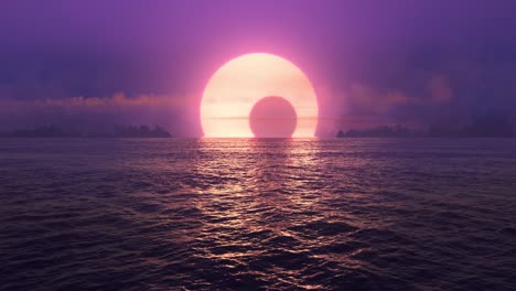 purple sunset and solar eclipse over seamlessly looped ocean.