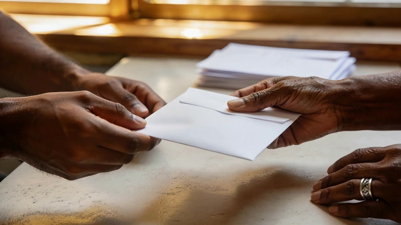 Pushing left hand passing white envelope to right patterned sleeve with rings from stack at counter