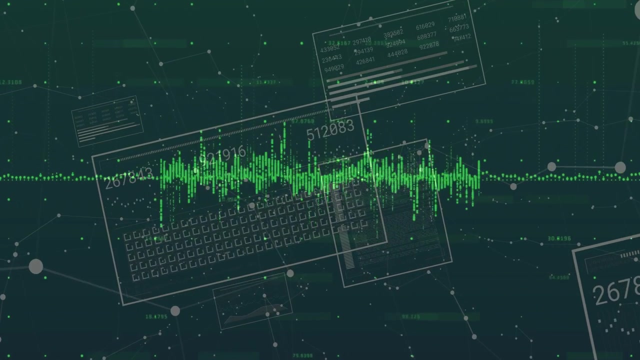 Floating particles activating green waveform pulsing and boxes forming around signal for monitoring