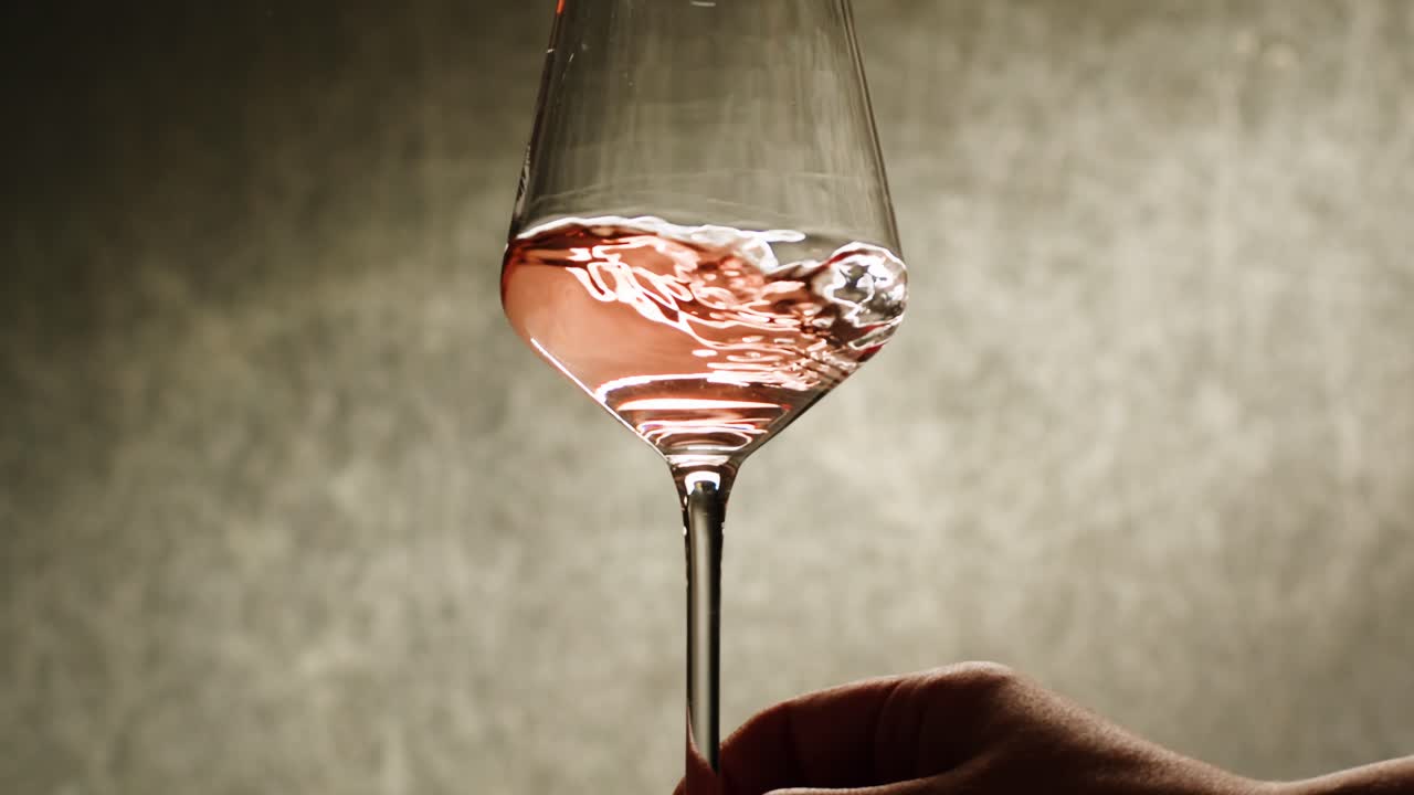 Flaske og glas med rosé-, orange- eller hvidvin mod en solnedgang i en fredfyldt vingård, hældning af økologisk naturvin