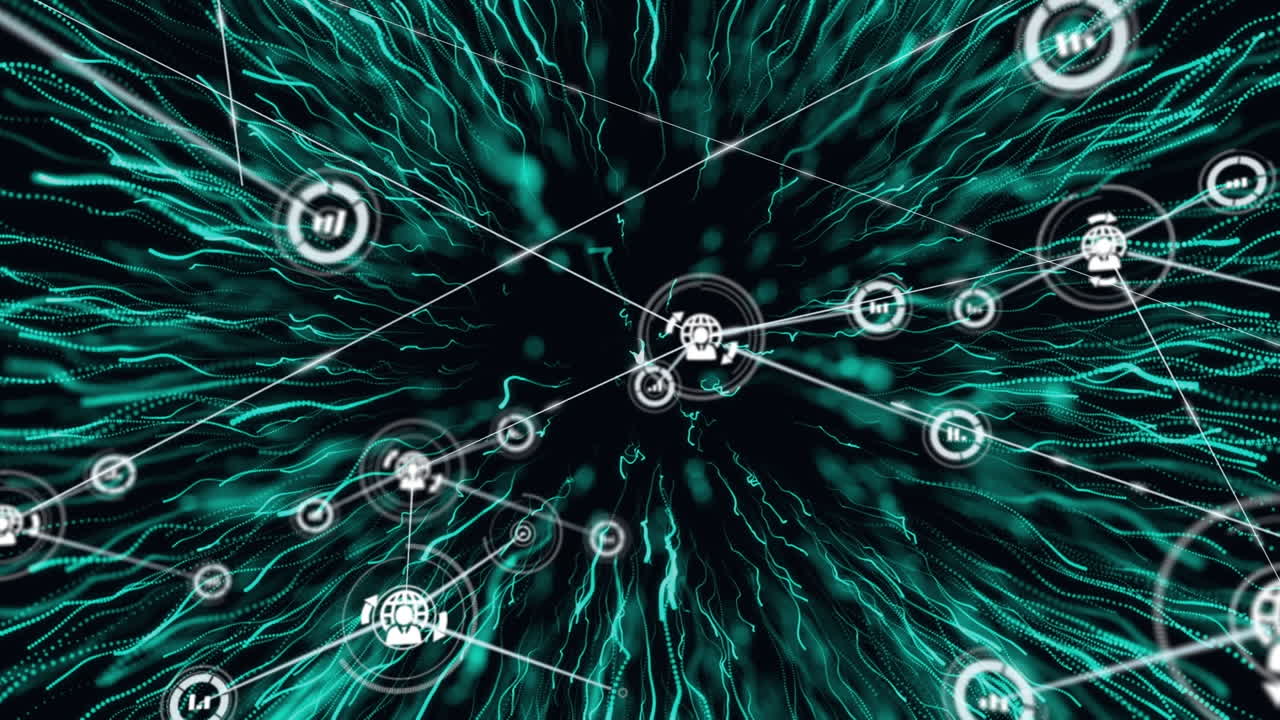 Animation of network of connections with digital icons over green explosion