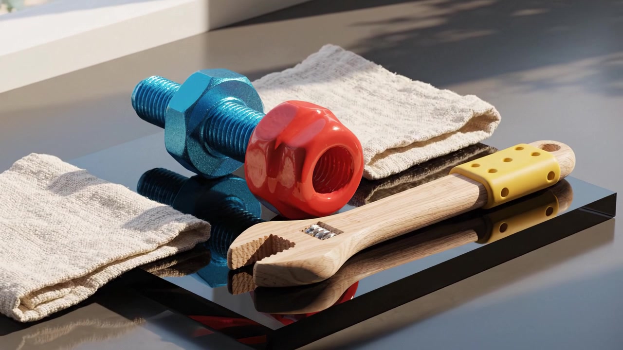 A Close-Up View of a Colorful Bolt and Nut Pair Alongside a Wooden Wrench on a Polished Surface Surrounded by Soft Cloth Towels, Ideal for Mechanical Insights