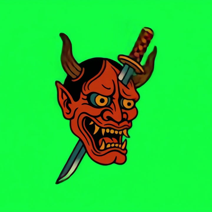 Maschera Hannya Giapponese Animata con Spada Katana su Schermo Verde