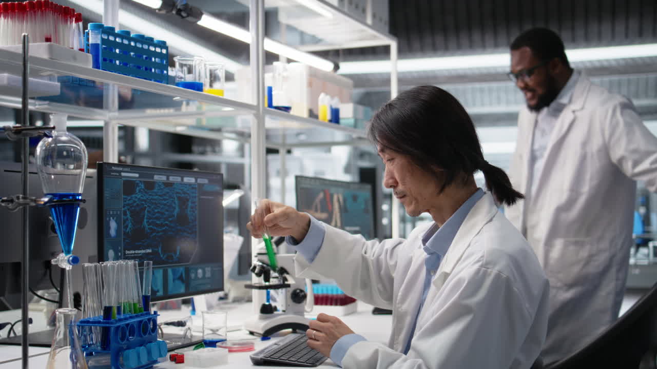 Vertical video Senior biochemist shaking laboratory glassware filled with green solution