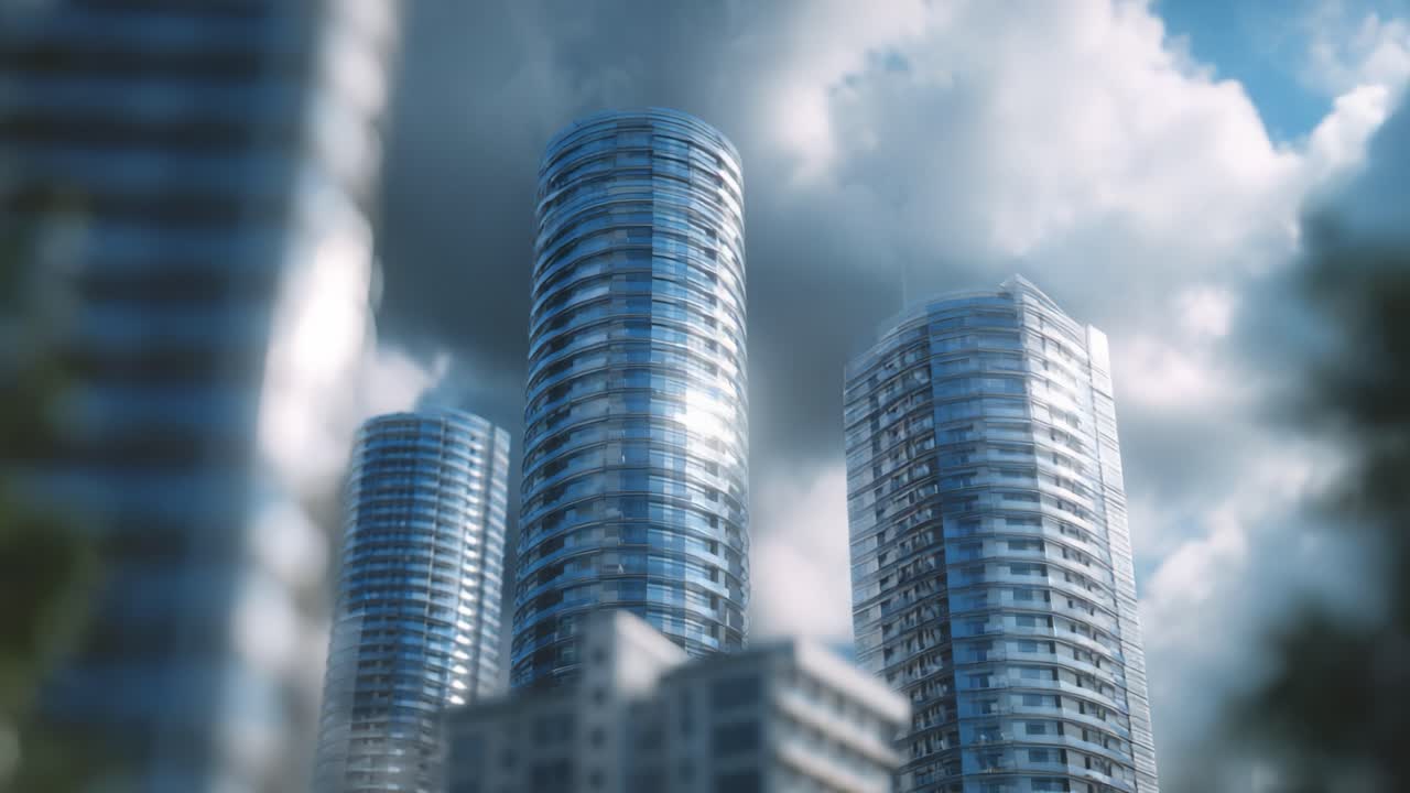 Luchtfoto van moderne wolkenkrabbers omgeven door dramatische wolken, waarbij het innovatieve architectonische ontwerp in een futuristisch stedelijk landschap wordt benadrukt