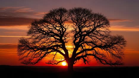 majestic silhouette of a leafless tree against a vibrant sunset sky, showcasing the beauty of nature's transition from day to night