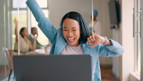 Laptop,-celebration-dance-and-business-woman