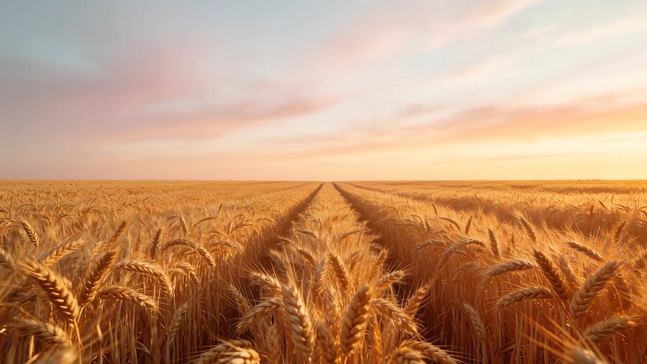 Kamera fährt vor, enthüllt zentrale reife Weizenfurche auf Feld zur goldenen Stunde mit rosa Himmel.
