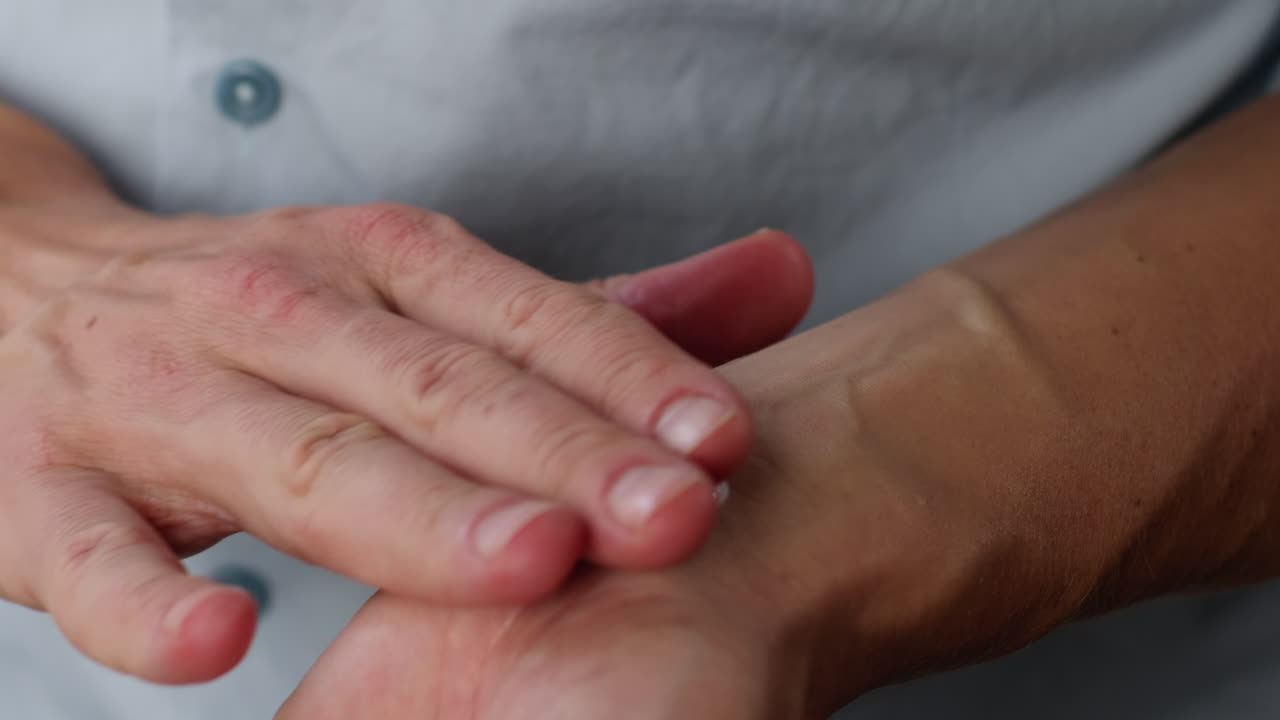 Young man squeezing a white moisturizer from a tube on his hand close-up. Morning routine. Beauty and care concept.