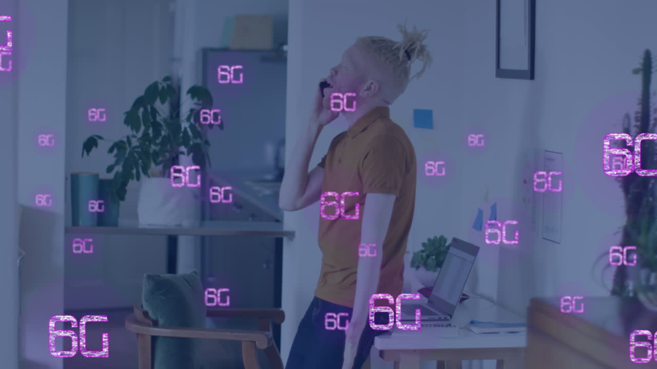 스마트 폰을 사용하는 알비노 아프리카계 미국인 남성에 대한 6g 텍스트의 애니메이션