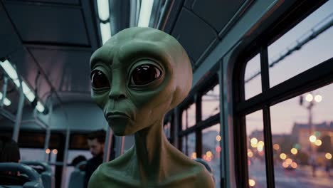 green humanoid alien riding a bus at sunset, gazing out the window while commuting through the city alongside other passengers, blending into the urban landscape